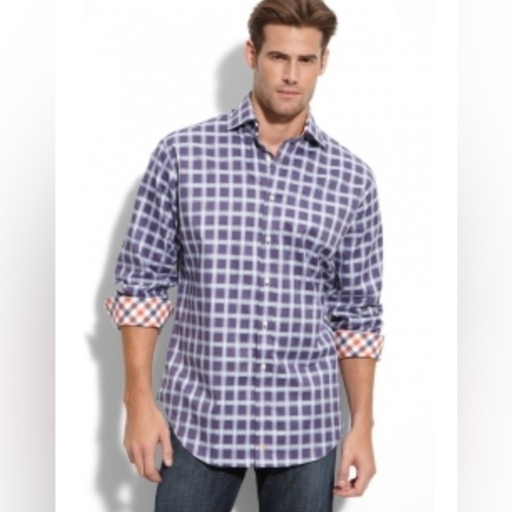 Thomas Dean Long Sleeve Flip Cuff Button Up Shirts - Purple Orange Plaid Mens XL